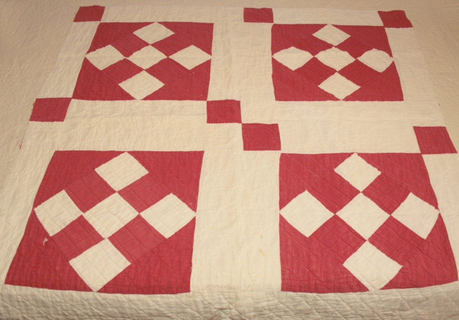 1800s Red and Ivory Antique Cutter Quilt Piece 31 x 31