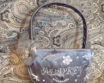 Flower girl basket gray with name or initials embroidered