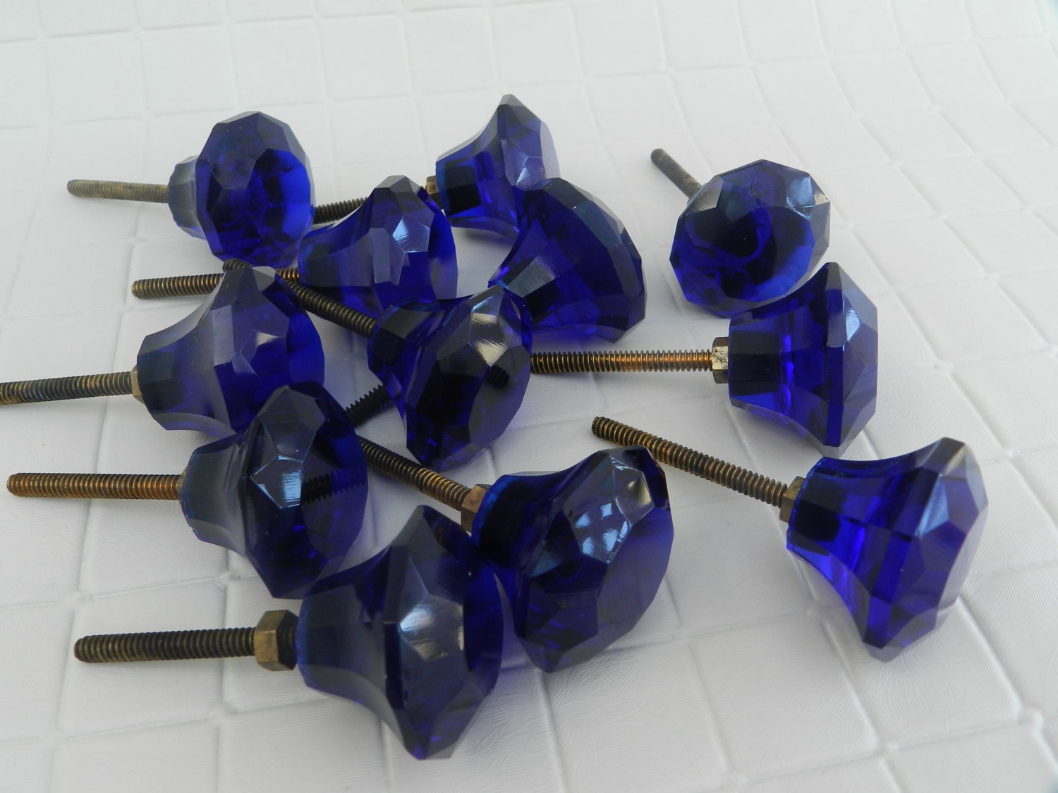 Eight Vintage Cobalt Blue Glass Drawer Pulls Free shipping In USA