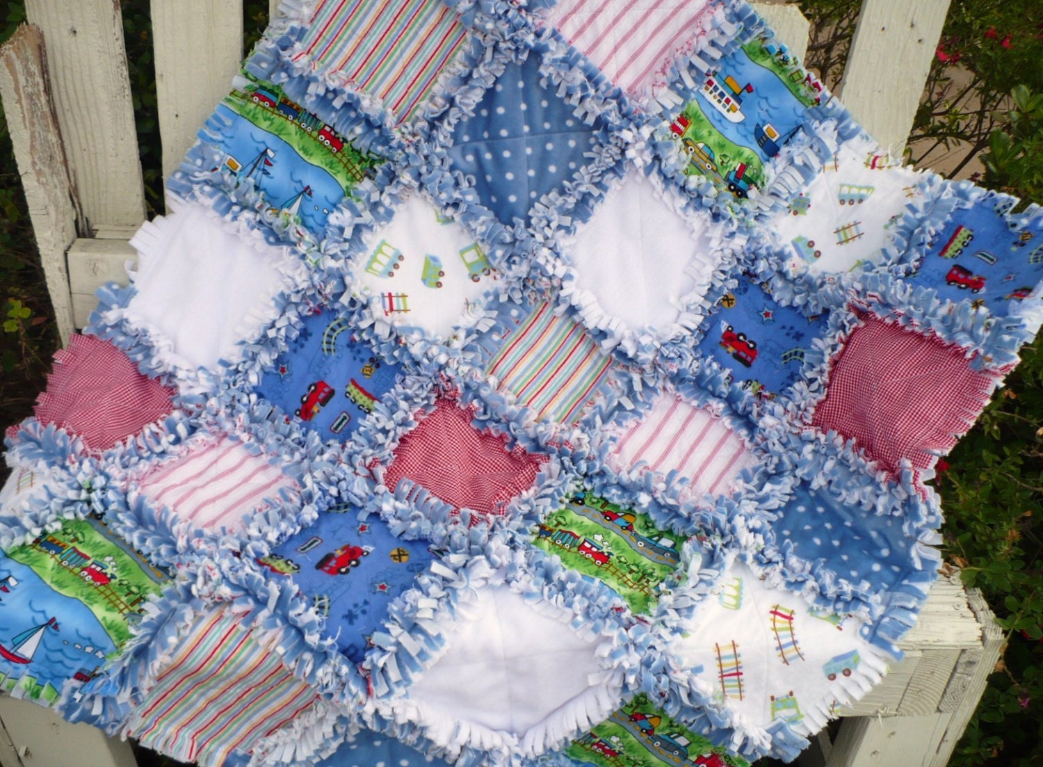Baby Boy Rag Quilt Choo Choo Trains in Red by SunflowerRagWorks