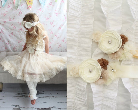 Lace Dress, Rustic Wedding Flower Girl Dress. Birthday Outfit, Cake Smash Outfit, Chiffon Lace Dress. Bridal Rose Sash, Headband Hair Bow. by ChicCoutureBoutique