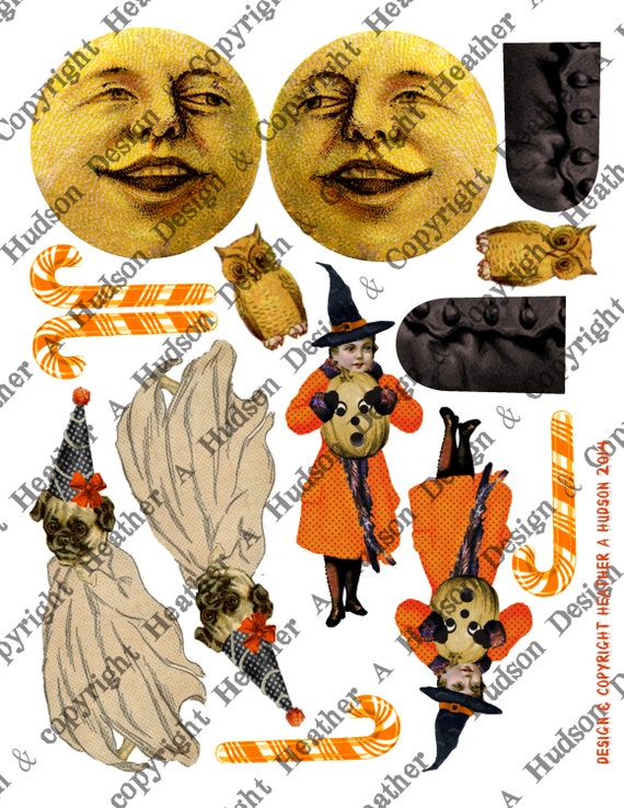 Vintage Halloween Pumpkin Moon Witch Boot Victorian Digital Collage sheet Printable