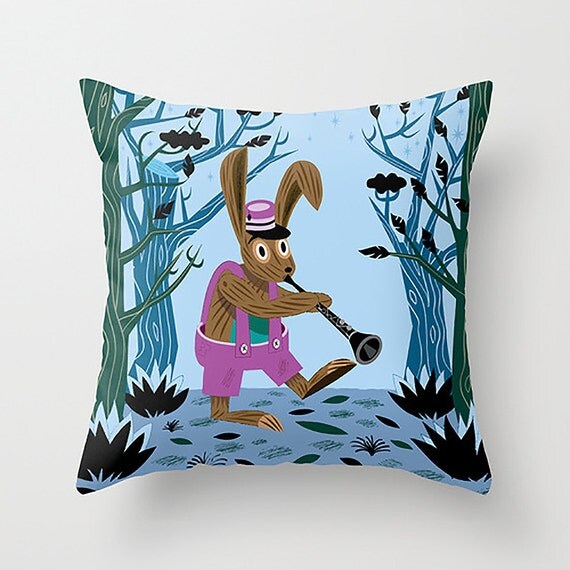 The Clarinet Bunny - Rabbit / Woods - Children's Throw Pillow / Cushion Cover (16" x 16") by Oliver Lake - iOTA iLLUSTRATION