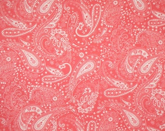 REMNANT--Coral Pink and White Paisley Print Stretch Cotton Twill Fabric--One Yard