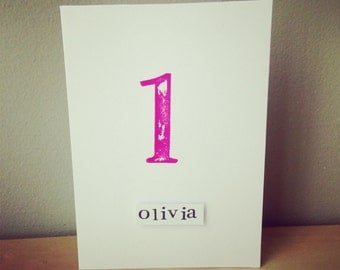 1st Birthday Card hand stamped with retro style numbers x personalised birthday card - twins birthday card - name birthday card