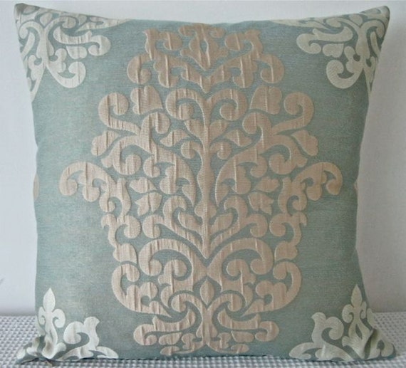 Damask Duck egg Blue Cushion Covers Throw Pillows by miaandstitch