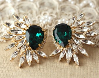 Emerald Statement Swarovski earrings, Statement earrings, Emerald chandelier earrings, Bridal Crystal earrings, Emerald Swarovski earrings.