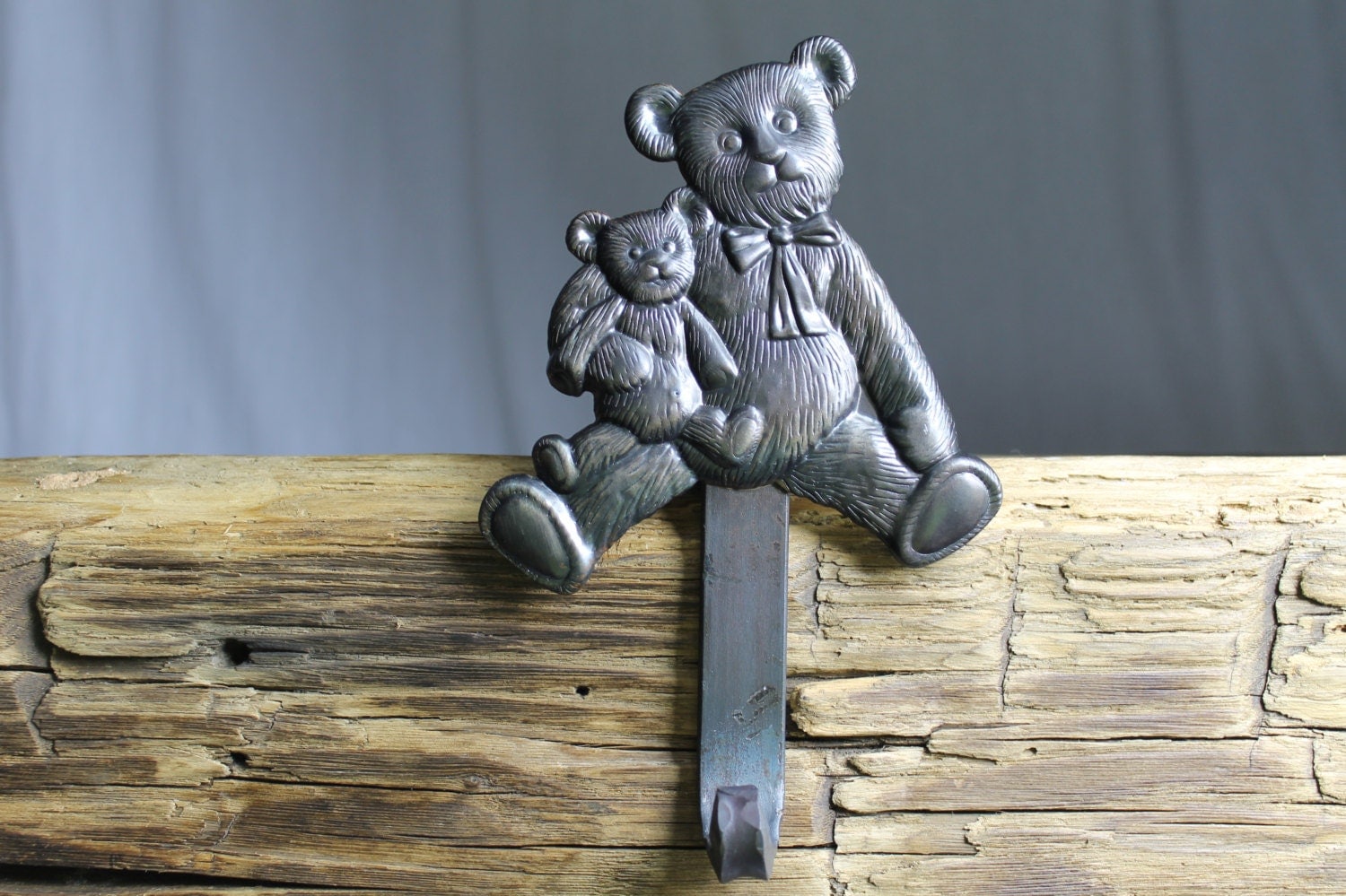 Teddy Bear and Cub Christmas Stocking Hanger,Holder-Forged Iron-Weighs 2 1/2 lbs.