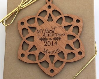 Baby Christmas Ornament, Baby's 1st Christmas, Personalized Wood Snowflake Ornament, Custom Engraved Ornament, First Christmas Ornament