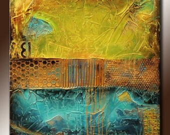 30x30 Original Abstract Painting TEXTURED Square Canvas Modern Acrylic Teal Brown Lime Green Gold Fine Art by Maria Farias