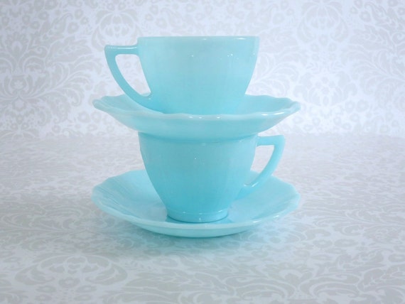 Tea Cup  saucers Pyrex cups Saucers Vintage and vintage  Glass Turquoise  pyrex Milk Teacups  and