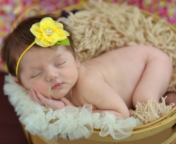 Baby Headbands, Newborn Headband, Yellow Baby Girl Headband, Pink Flower Headband,small baby headband, Baby Headband, Infant headband, by ThinkPinkBows