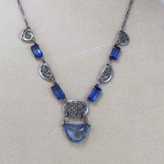 Blue Czech Glass Necklace Art Deco Filigrees Antique by ravished