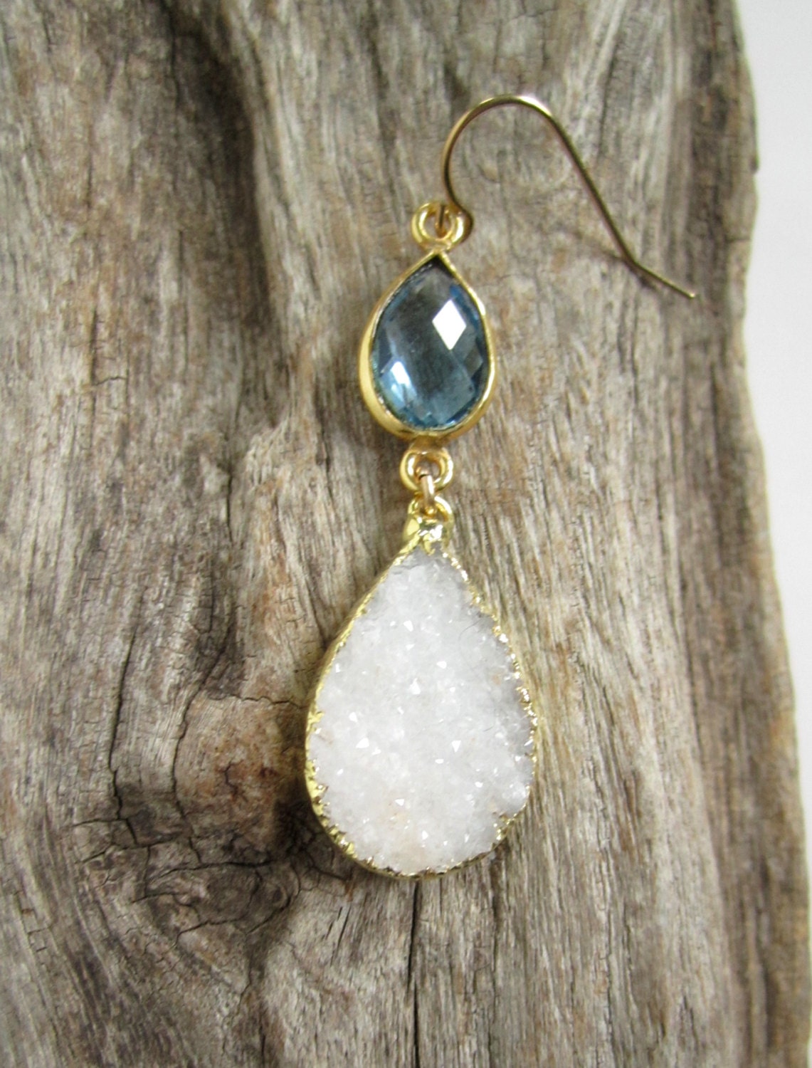 Druzy Earrings White Druzy Drops Drusy Quartz Blue Topaz Gold