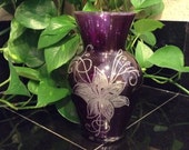 Purple glass engraved vase; glass engraved lily flower vase