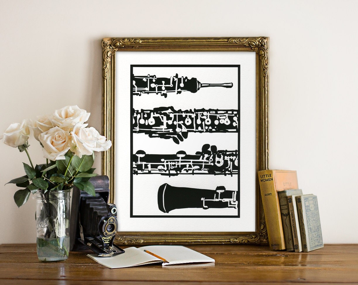 Oboe Art Giclee Print Woodcut Style Oboe Illustration