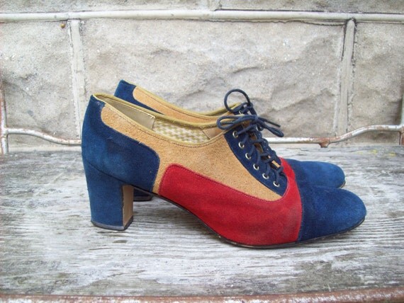 20% OFF SALE Mod 60s Suede Colorblock Shoes Size 8 Harlequin