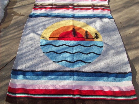 Vintage Large Cotton Mexican Blanket in Gray Indigo and Peach