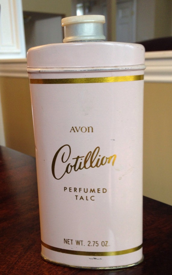 Vintage powder canister Avon Cotillion tin pink dresser