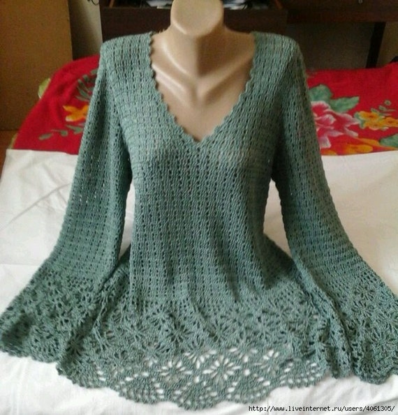 Long Crocheted Vneck Sweater w/Flared Sleeves MADE to ORDER
