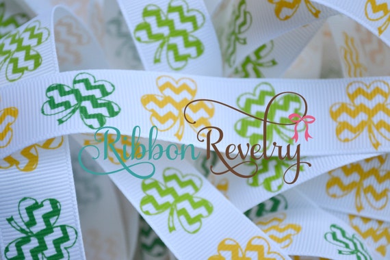 SALE Green and yellow Chevron shamprocks on white 7/8" grosgrain ribbon- St Patricks day Oregon Ducks Il_570xn