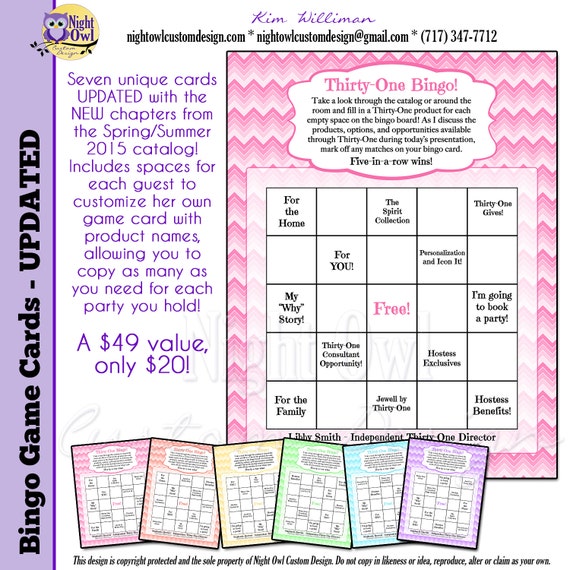 Thirty One Gifts Consultant BINGO game cards - DIY, digital file ...