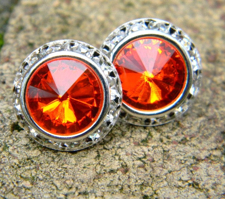 Orange Stud Earrings 16mm Swarovski Rivoli Stud Earrings