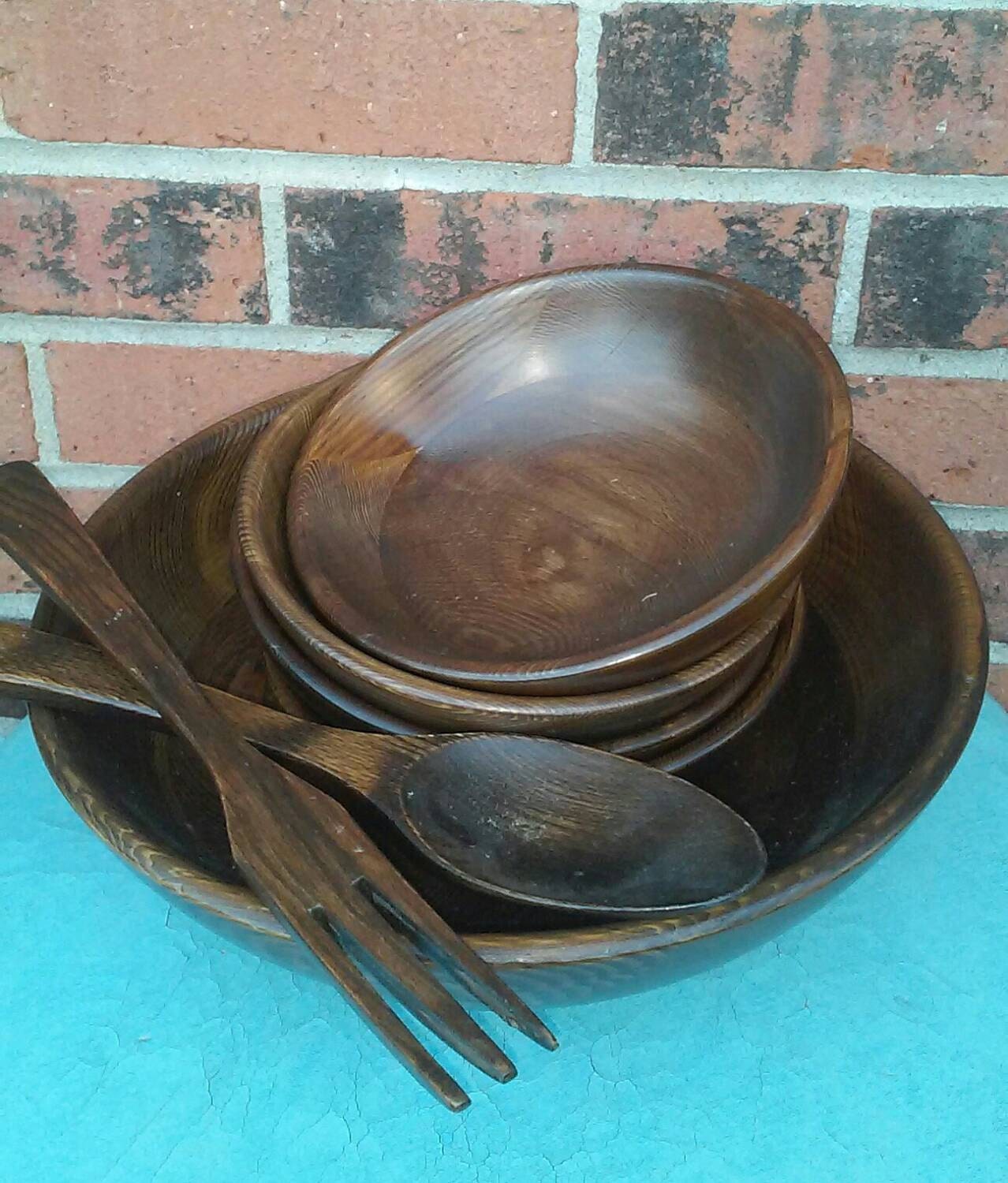 Vintage Mid Century Wood 7 Piece Salad Set Wood Bowls Wood Utensils