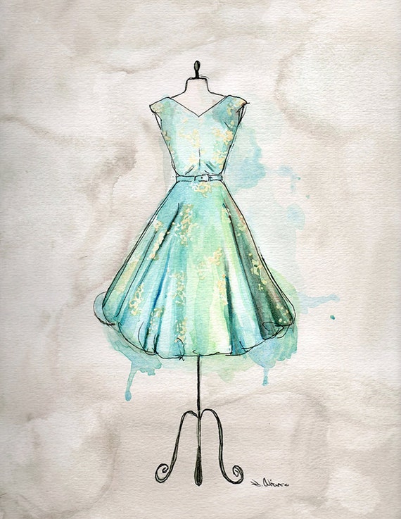 Fashion Art Watercolor and Ink Painting PRINT Aqua Dress by