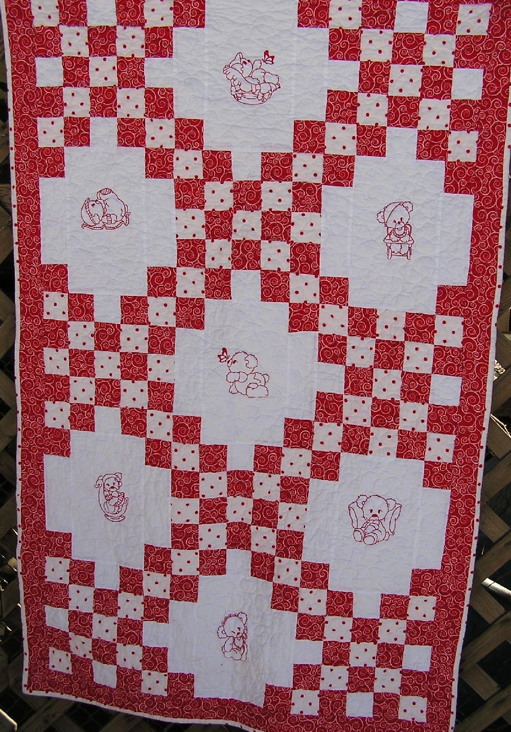 Handmade Double Irish Chain Baby Quilt Toddler Bedding Red