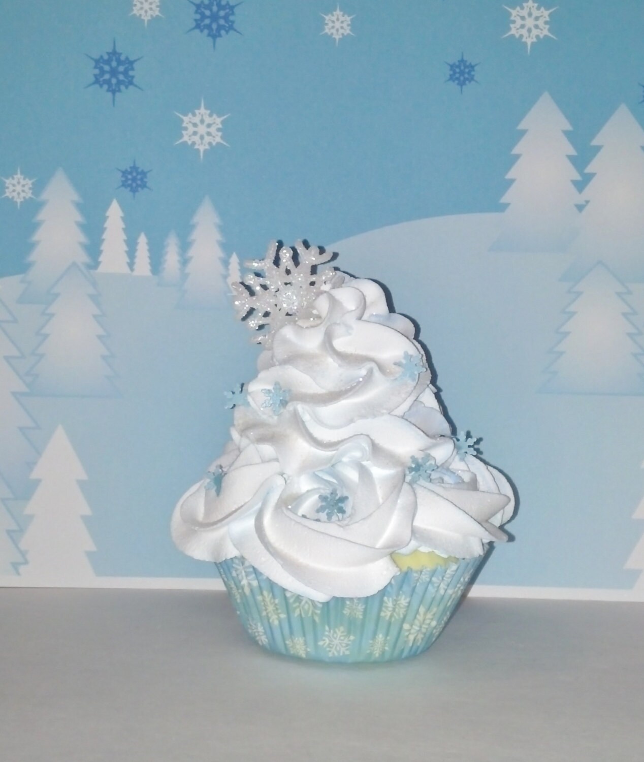 Snowflakes Fake Cupcake Photo Props, Rosettes, Winter Wonderland Birthday Party Decorations, Shop Displays, Home Accents, Original Design