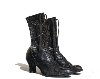 Antique Boots Black Leather Brogue Granny Boots Distressed Display Booties