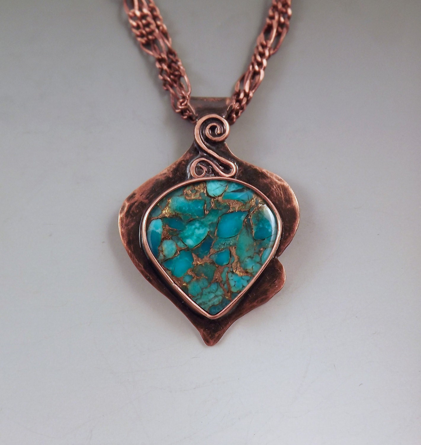 Turquoise & Copper Smokey Patina Pendant Metal Art Necklace