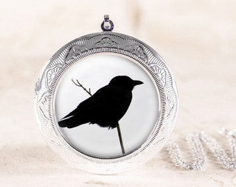 Crow Jewelry Locket - Silver Bird Jewelry, Gothic Crow Locket, Black Bird Silhouette Jewelry, Poe Raven Locket, Silver Bird Locket Necklace