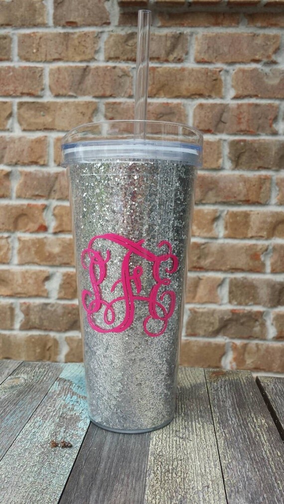 Silver Glitter Monogrammed Tumbler Double Wall by shaelaraedesigns