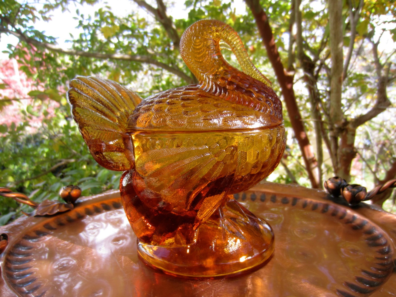 Vintage Amber Covered Tom Turkey Glass Dish, L.E. Smith Glass Co