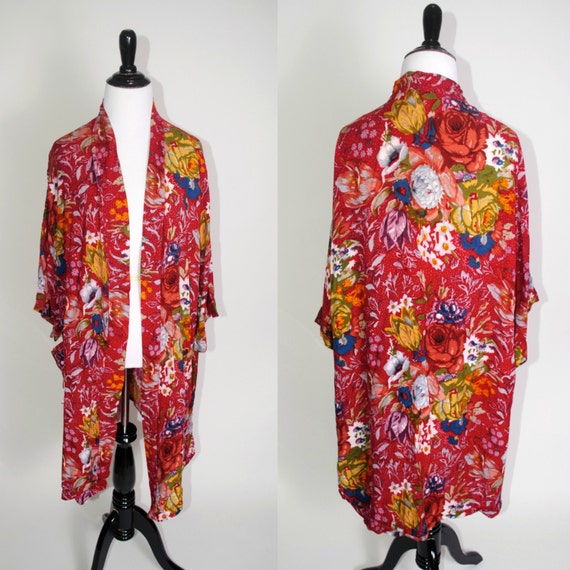Vintage 1990s long sleeve Red FLORAL Robe MAXI by BushwickCouture