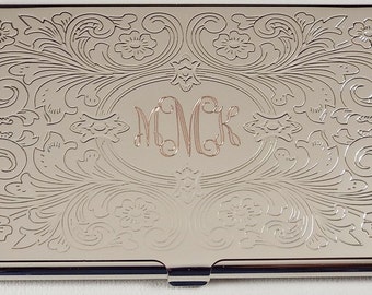 Business Card Case Custom Engraved Personalized Scroll Design Business Card Case -Hand Engraved