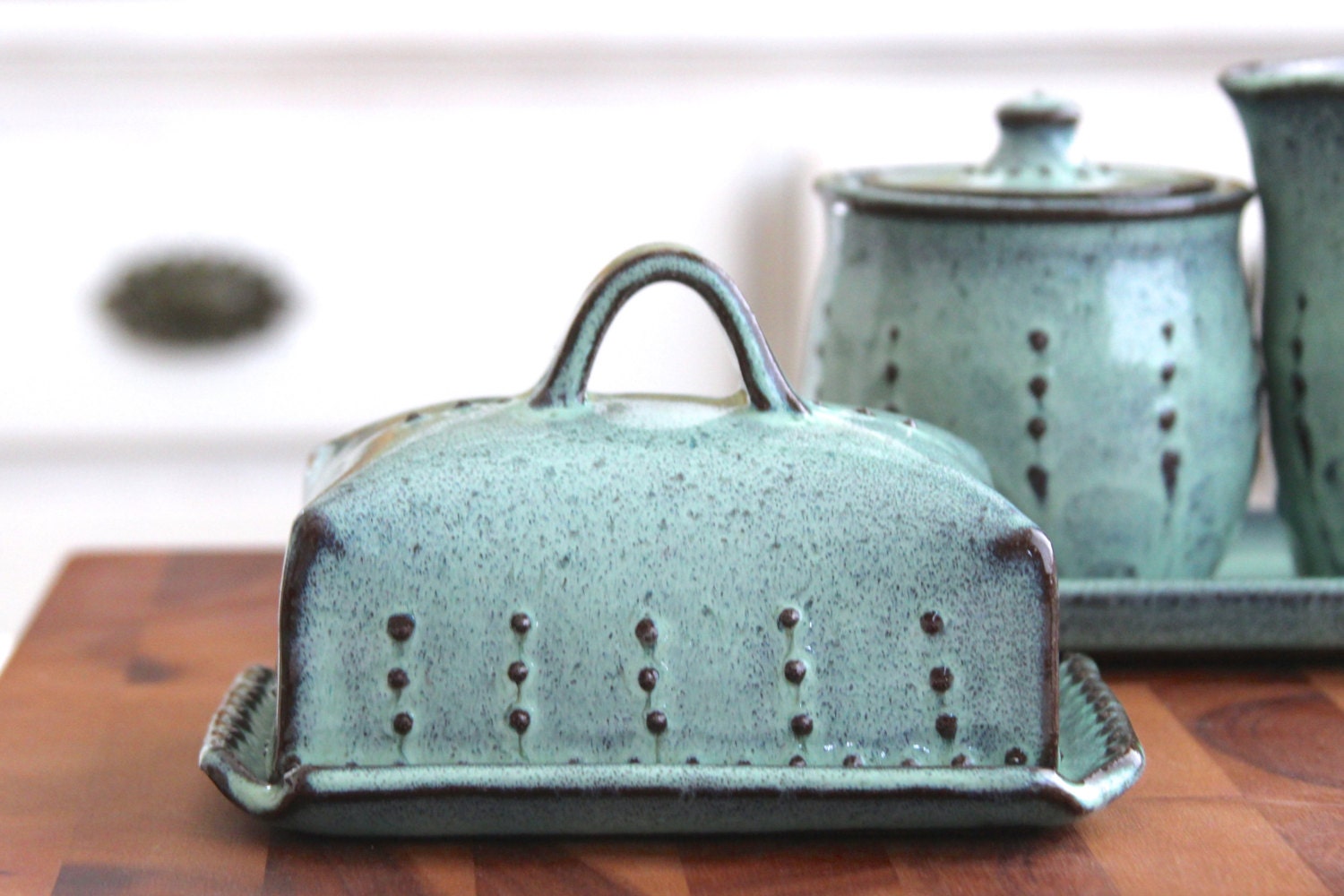 Butter Dish European Size with Lid and Handle Rustic Aqua