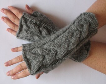 Fingerless Gloves Arm Warmers Gray Dove 9" Mittens Knit, Soft Acrylic Mohair