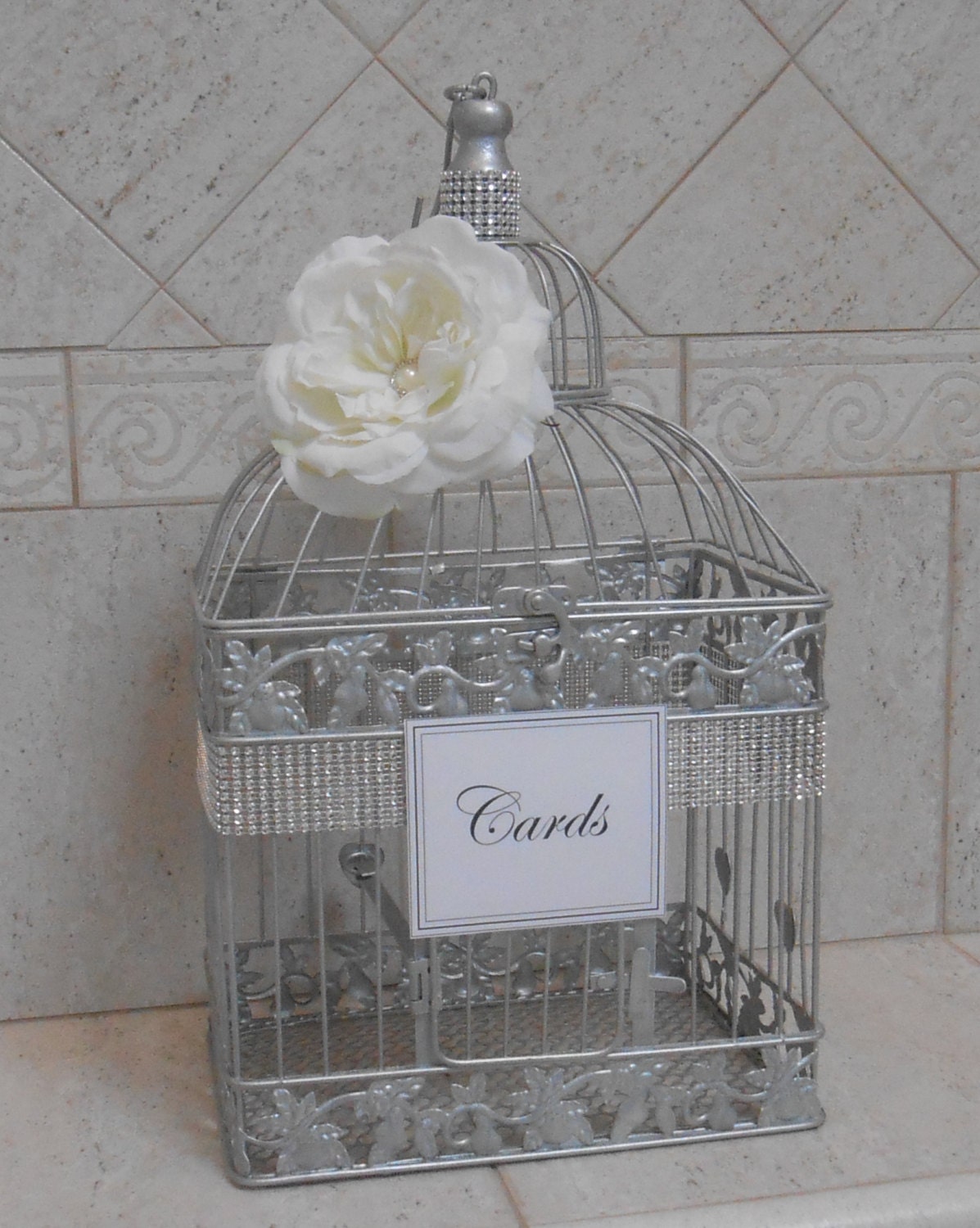 Large Silver Wedding Birdcage Card Holder / Wedding Card Box