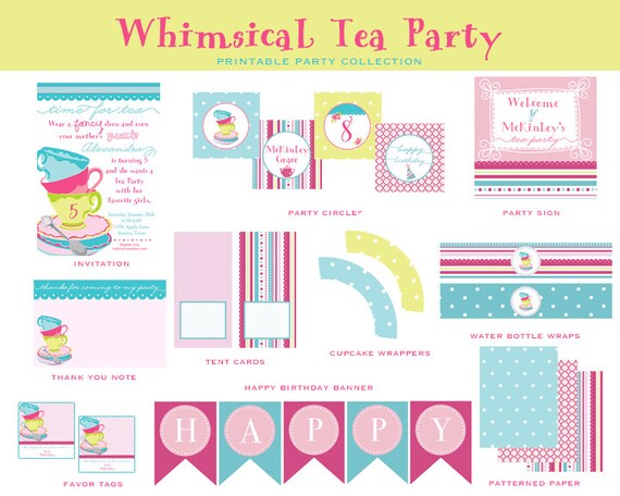 TEA PARTY, WHIMSICAL Birthday Collection, Pink and Turquoise, Printable Party Package, Tea Party Invitation and Decorations Il_570xn