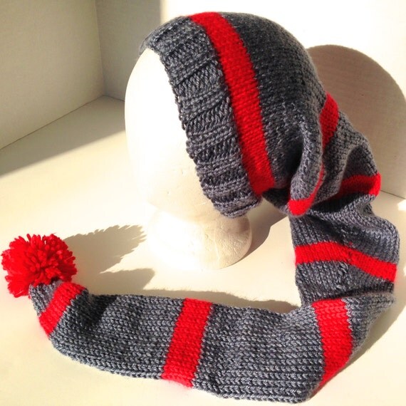 Knitted Stocking Cap with Pom Pom Gray and Red Knitted by GraciLuS