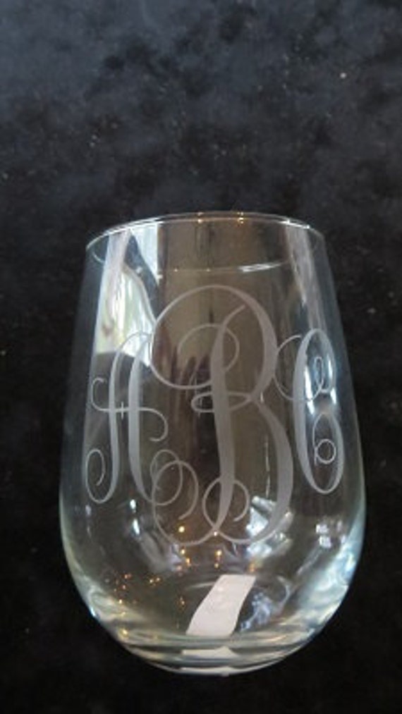 Etched Stemless Wine Glasses Three Initial Monogram Wine