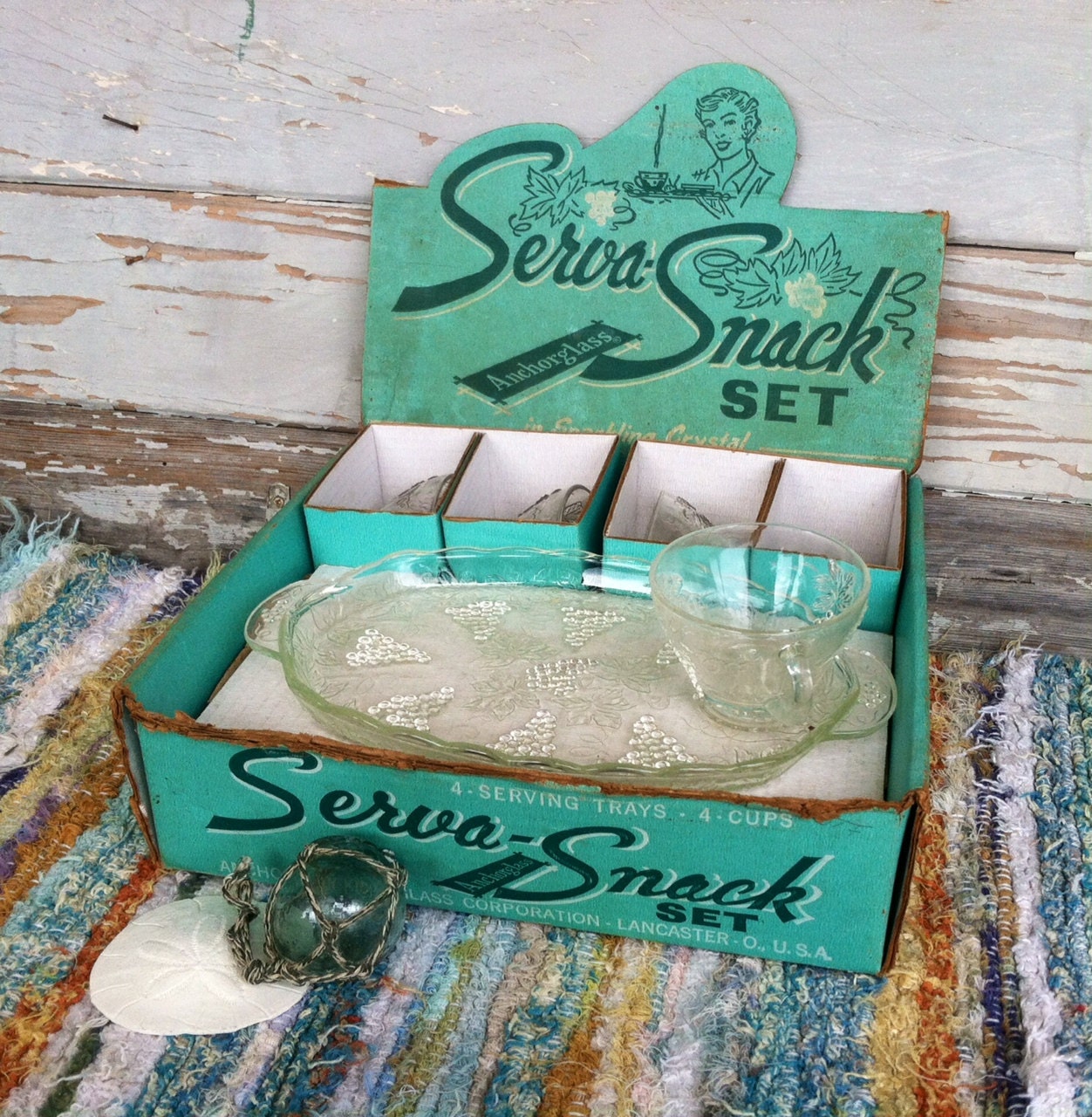 Retro Clear Glass Snack Set in Original Box by happydayantiques