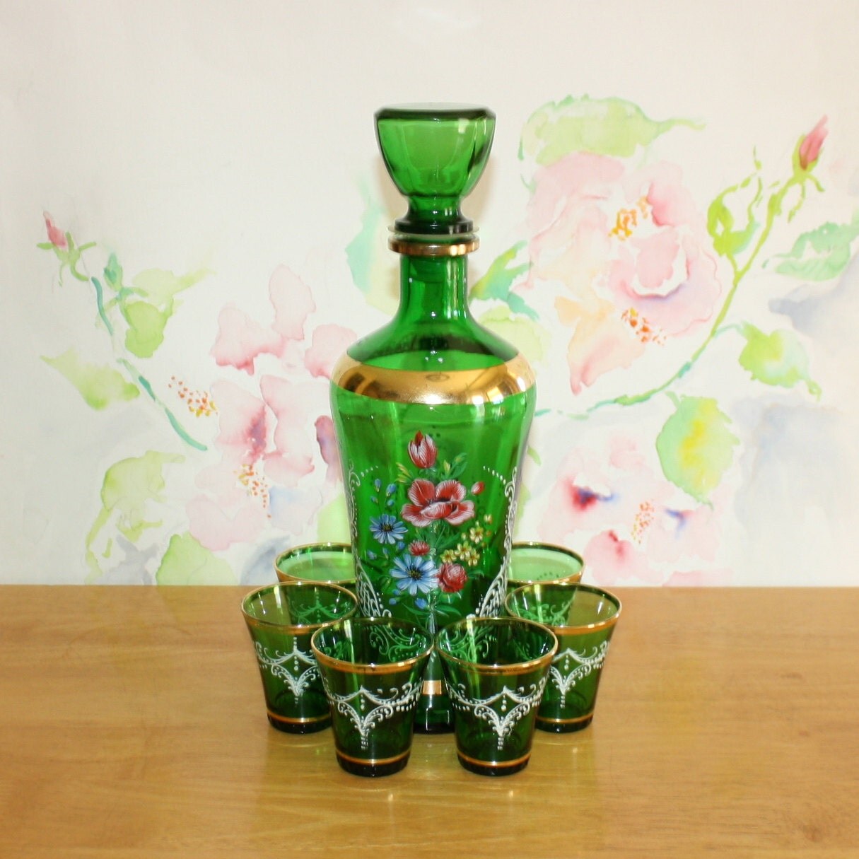 Vintage Green Floral Italian Decanter Set with 6 Glasses