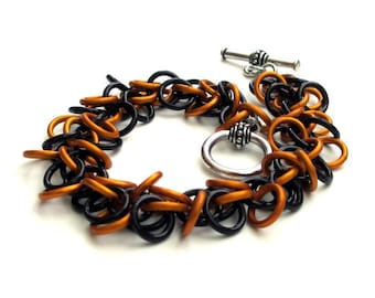 Orange & black chainmail bracelet, Shaggy Loops weave