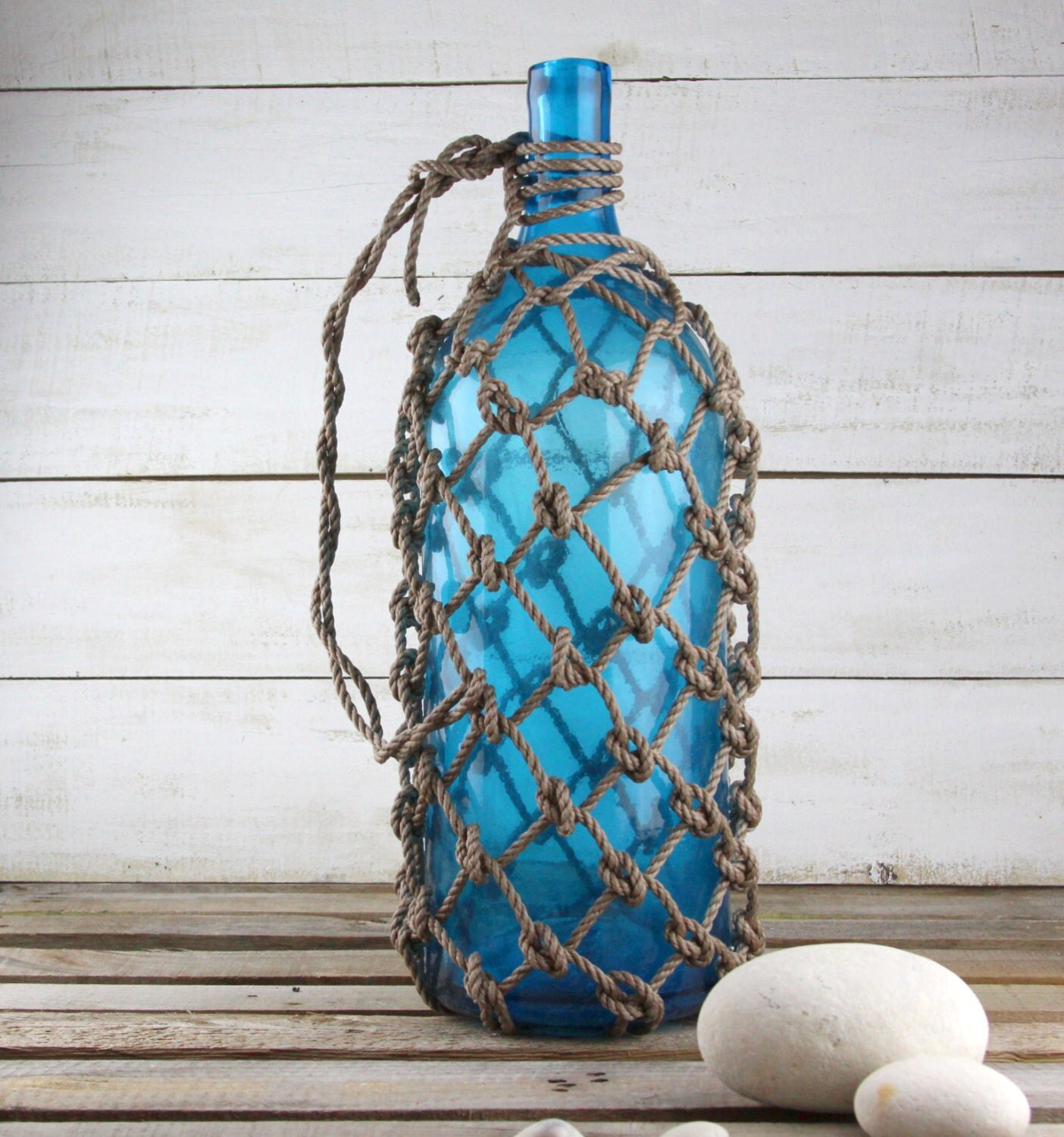 Beach Decor Big Blue Glass Pirates Rum Jug In Rope By SEASTYLE