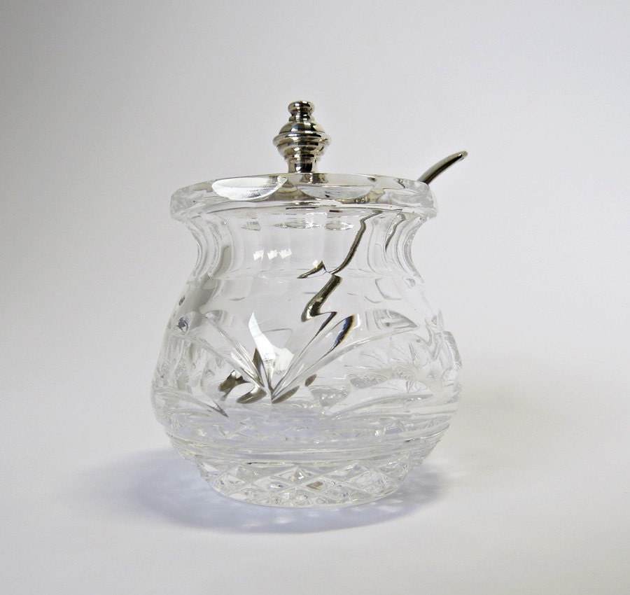 Cut Glass Mustard Pot with Spoon and Metal or possibly Silver Plated