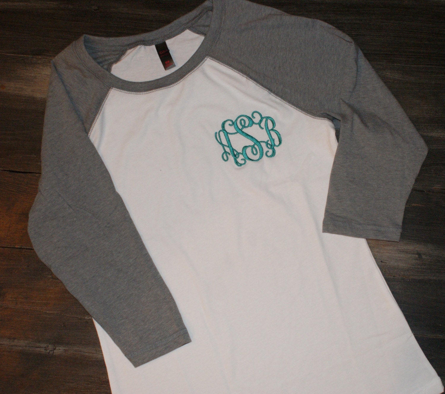 Ladies Monogram Raglan 3/4 sleeve Tee Quarter Baseball TShirt